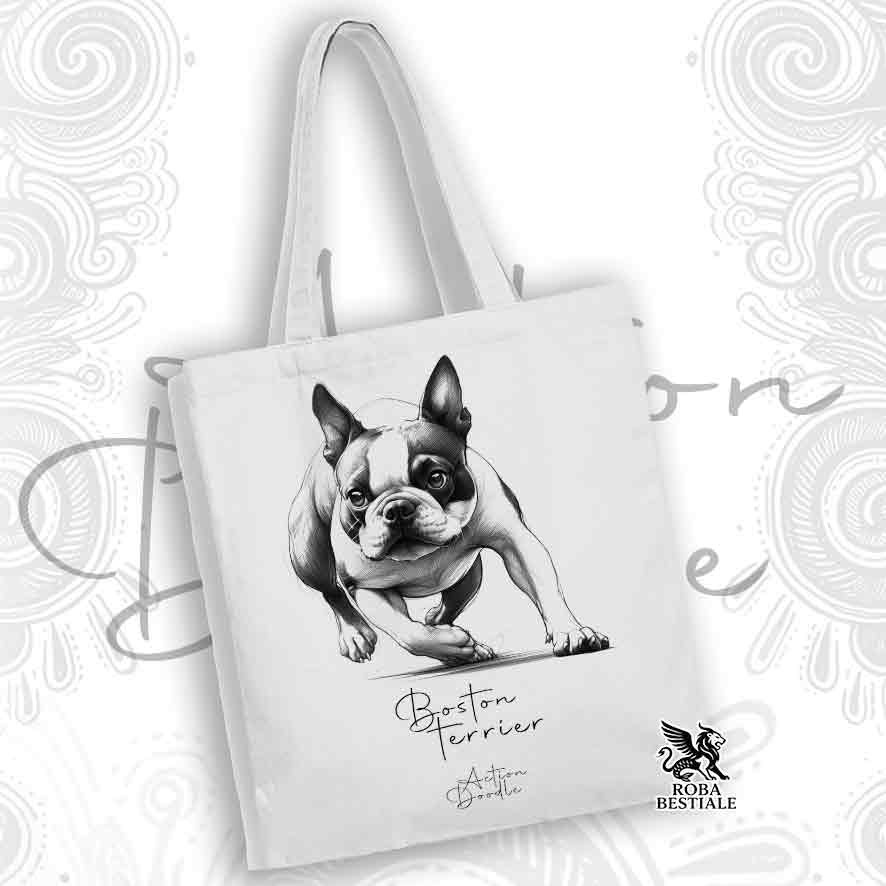 Tote Bag ACTION DOODLE - BOSTON TERRIER - 100% Cotone - Bianca o Beige
