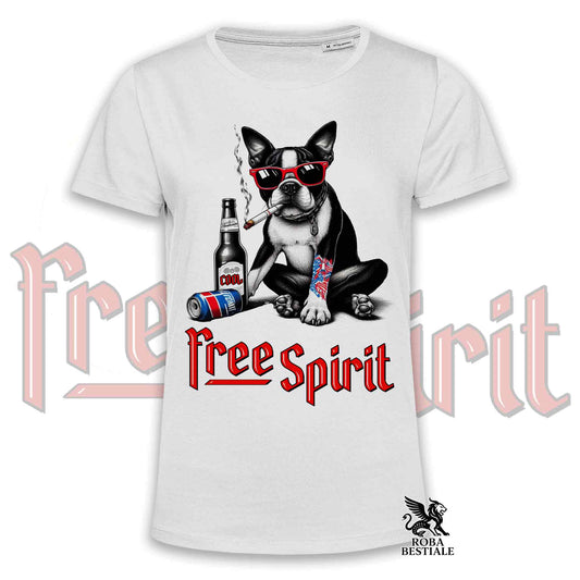 T-Shirt FREE SPIRIT - BOSTON TERRIER - Bianca o Beige, da Uomo o da Donna - dalla XS alla 5XL