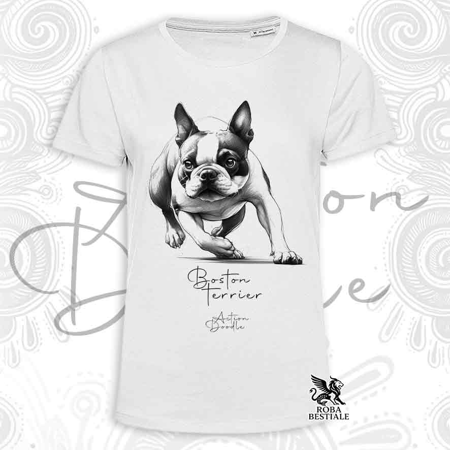 T-Shirt ACTION DOODLE - BOSTON TERRIER - Bianca o Beige, da Uomo o da Donna - dalla XS alla 5XLL