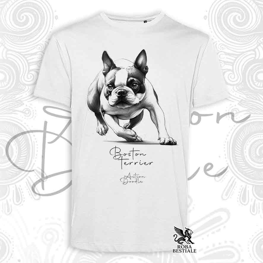 T-Shirt ACTION DOODLE - BOSTON TERRIER - Bianca o Beige, da Uomo o da Donna - dalla XS alla 5XLL