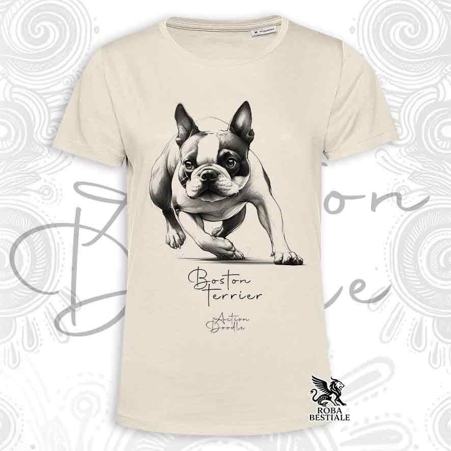 T-Shirt ACTION DOODLE - BOSTON TERRIER - Bianca o Beige, da Uomo o da Donna - dalla XS alla 5XLL