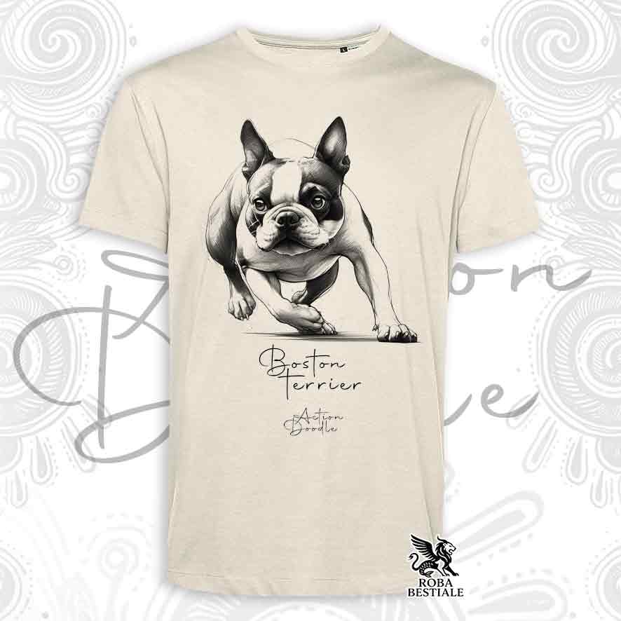 T-Shirt ACTION DOODLE - BOSTON TERRIER - Bianca o Beige, da Uomo o da Donna - dalla XS alla 5XLL