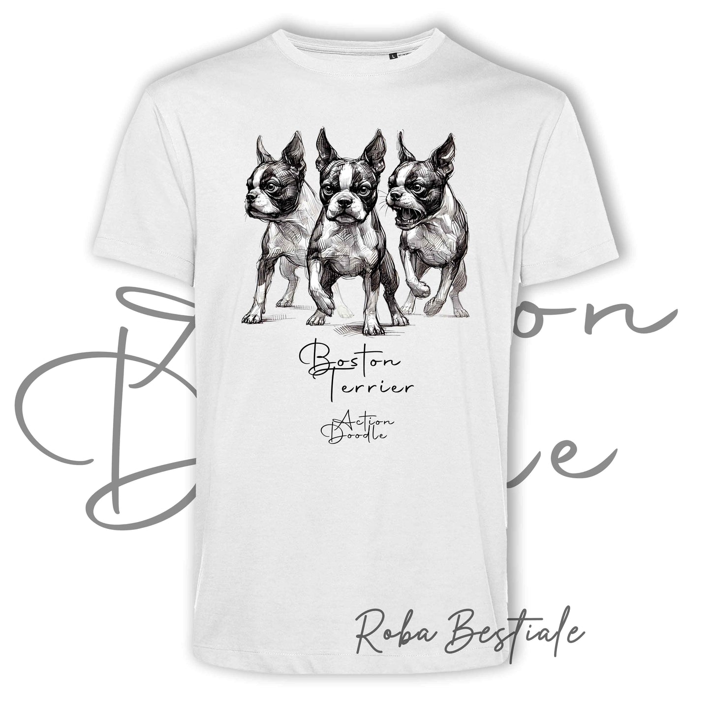 T-Shirt ACTION DOODLE - BOSTON TERRIER 1 - 100% Cotone, Bianca, Uomo o Donna - dalla XS alla 5XL