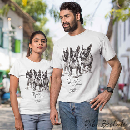 T-Shirt ACTION DOODLE - BOSTON TERRIER 1 - 100% Cotone, Bianca, Uomo o Donna - dalla XS alla 5XL