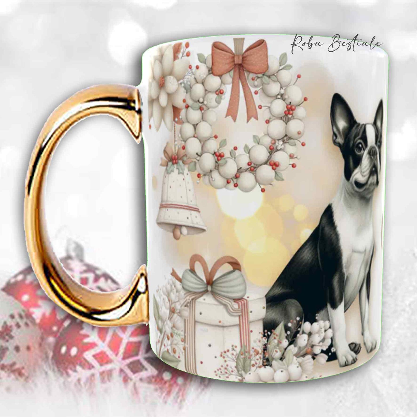 Tazza COZY WINTER - BOSTON TERRIER Bianco e Nero - In Ceramica, con manico color Oro - 330 ml