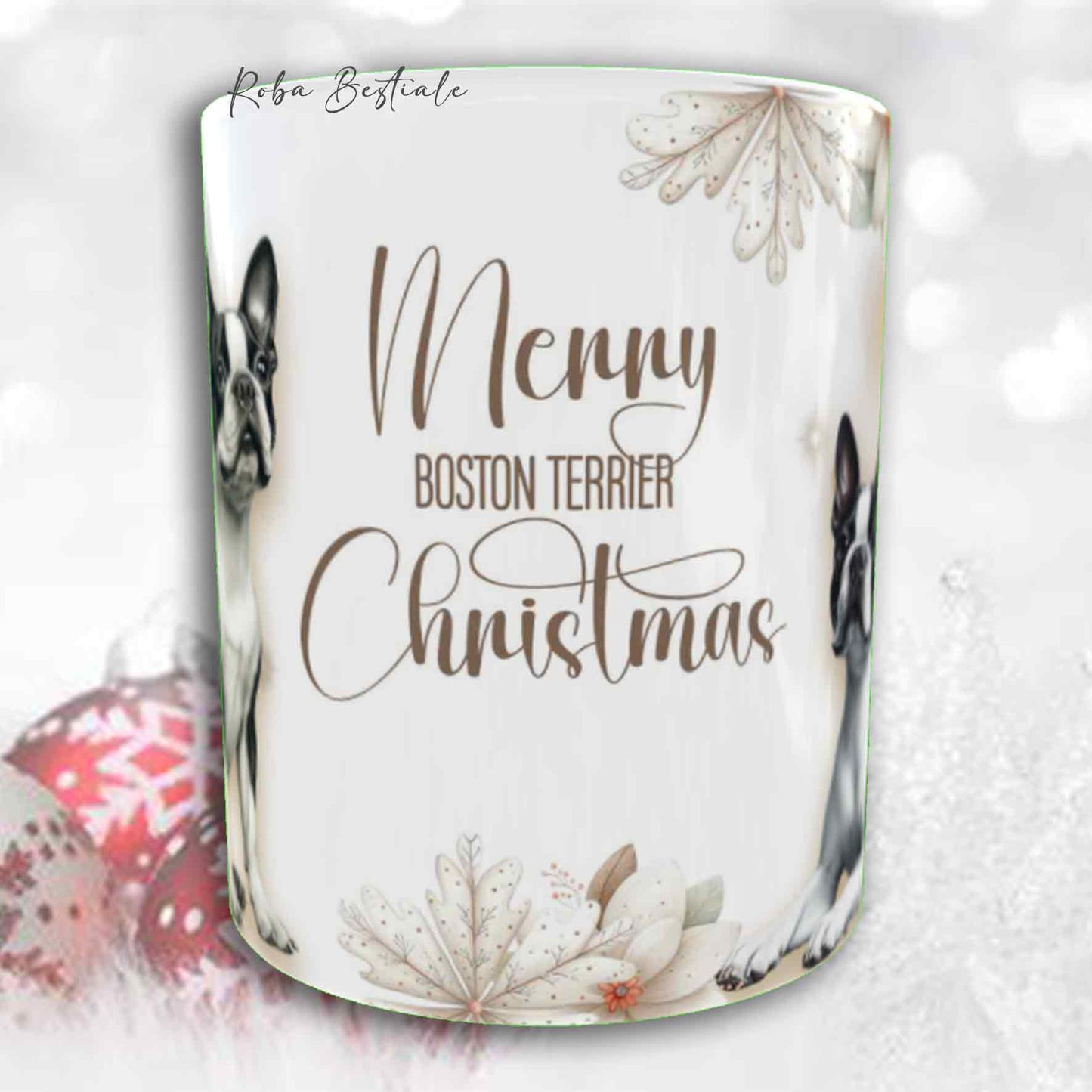 Tazza COZY WINTER - BOSTON TERRIER Bianco e Nero - In Ceramica, con manico color Oro - 330 ml