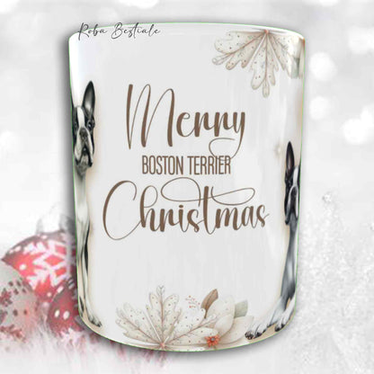 Tazza COZY WINTER - BOSTON TERRIER Bianco e Nero - In Ceramica, con manico color Oro - 330 ml