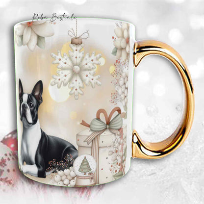 Tazza COZY WINTER - BOSTON TERRIER Bianco e Nero - In Ceramica, con manico color Oro - 330 ml