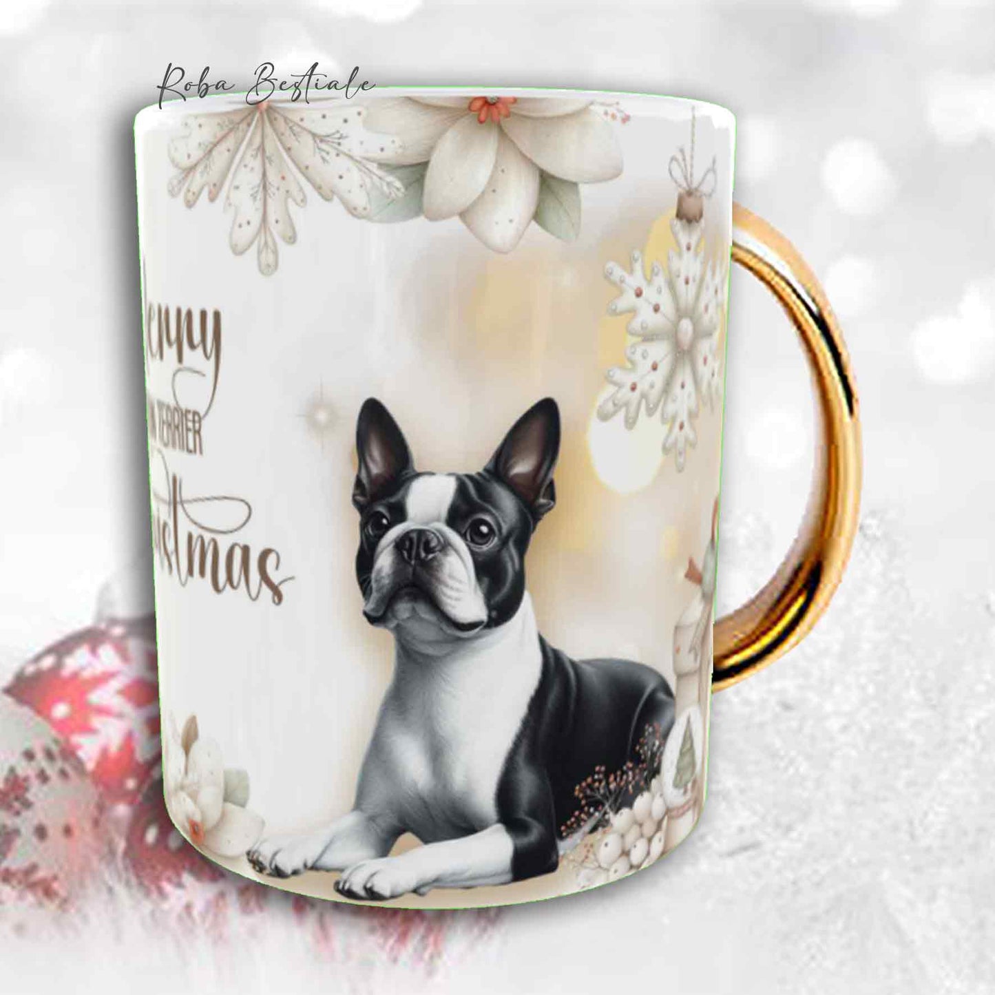 Tazza COZY WINTER - BOSTON TERRIER Bianco e Nero - In Ceramica, con manico color Oro - 330 ml