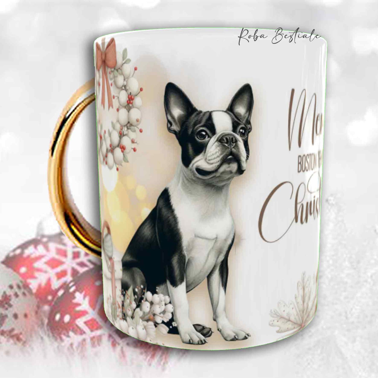 Tazza COZY WINTER - BOSTON TERRIER Bianco e Nero - In Ceramica, con manico color Oro - 330 ml
