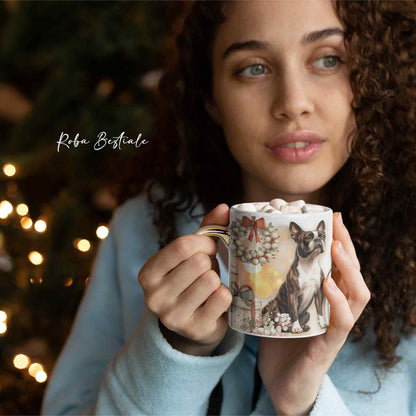 Tazza COZY WINTER - BOSTON TERRIER Tigrato - In Ceramica, con manico color Oro - 330 ml