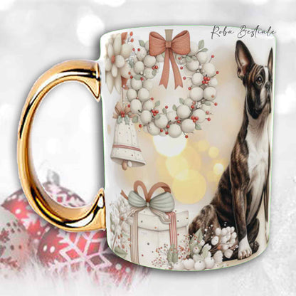 Tazza COZY WINTER - BOSTON TERRIER Tigrato - In Ceramica, con manico color Oro - 330 ml