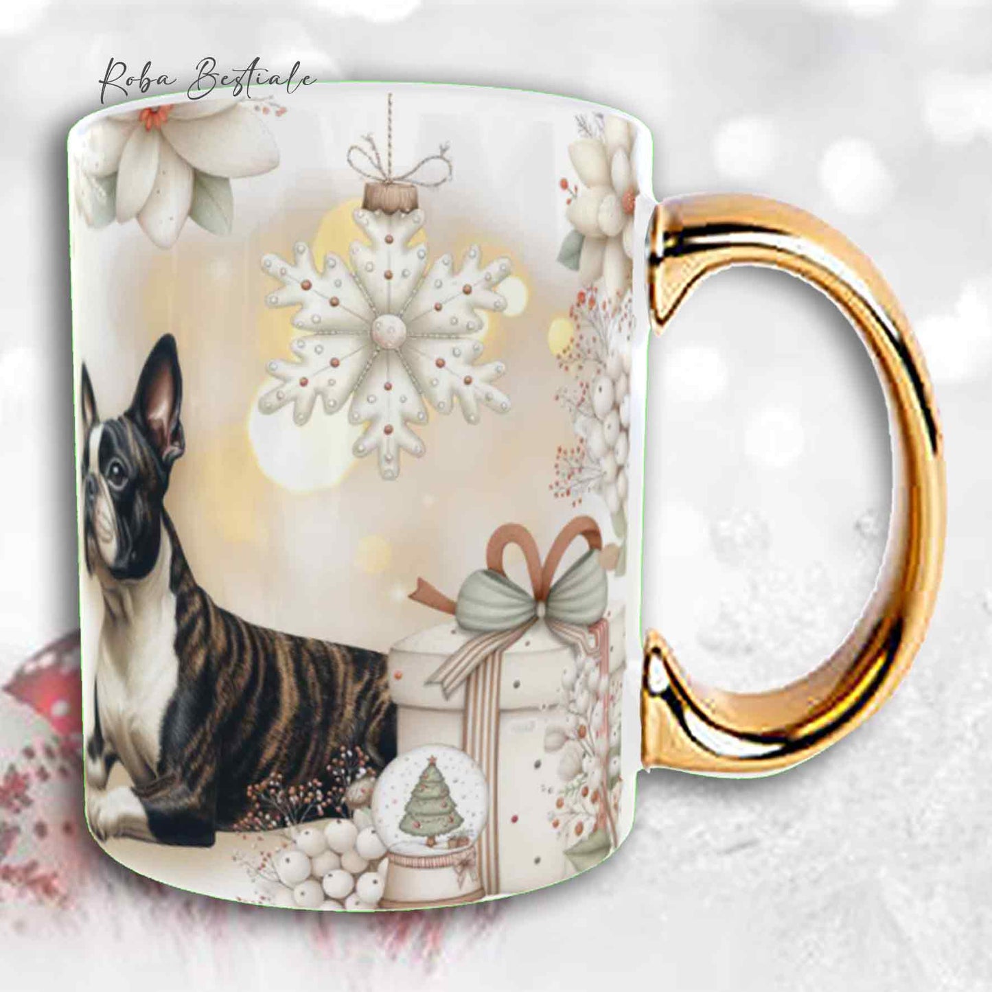 Tazza COZY WINTER - BOSTON TERRIER Tigrato - In Ceramica, con manico color Oro - 330 ml