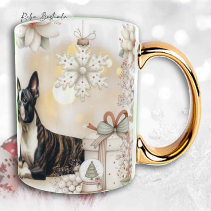 Tazza COZY WINTER - BOSTON TERRIER Tigrato - In Ceramica, con manico color Oro - 330 ml