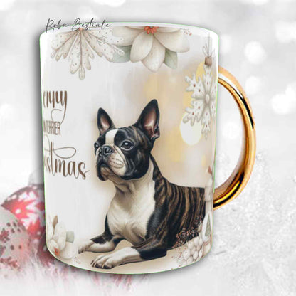 Tazza COZY WINTER - BOSTON TERRIER Tigrato - In Ceramica, con manico color Oro - 330 ml