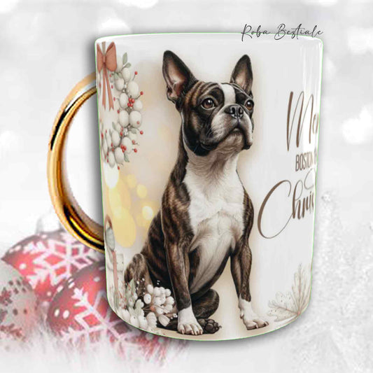 Tazza COZY WINTER - BOSTON TERRIER Tigrato - In Ceramica, con manico color Oro - 330 ml