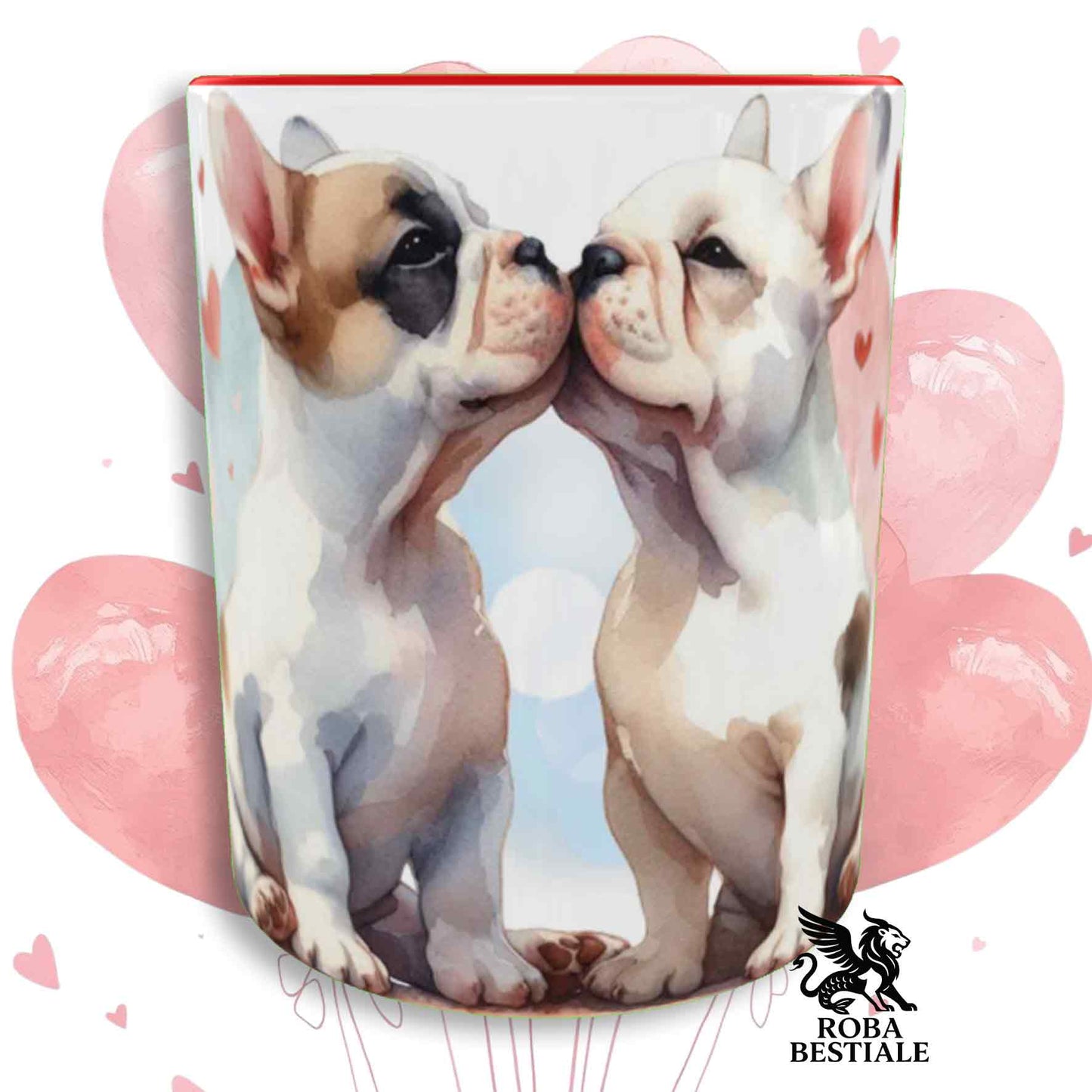 Tazza LOVE ME - BOULEDOGUE FRANCAIS Bianco Fulvo - In Ceramica, con dettagli Rossi - 330 ml