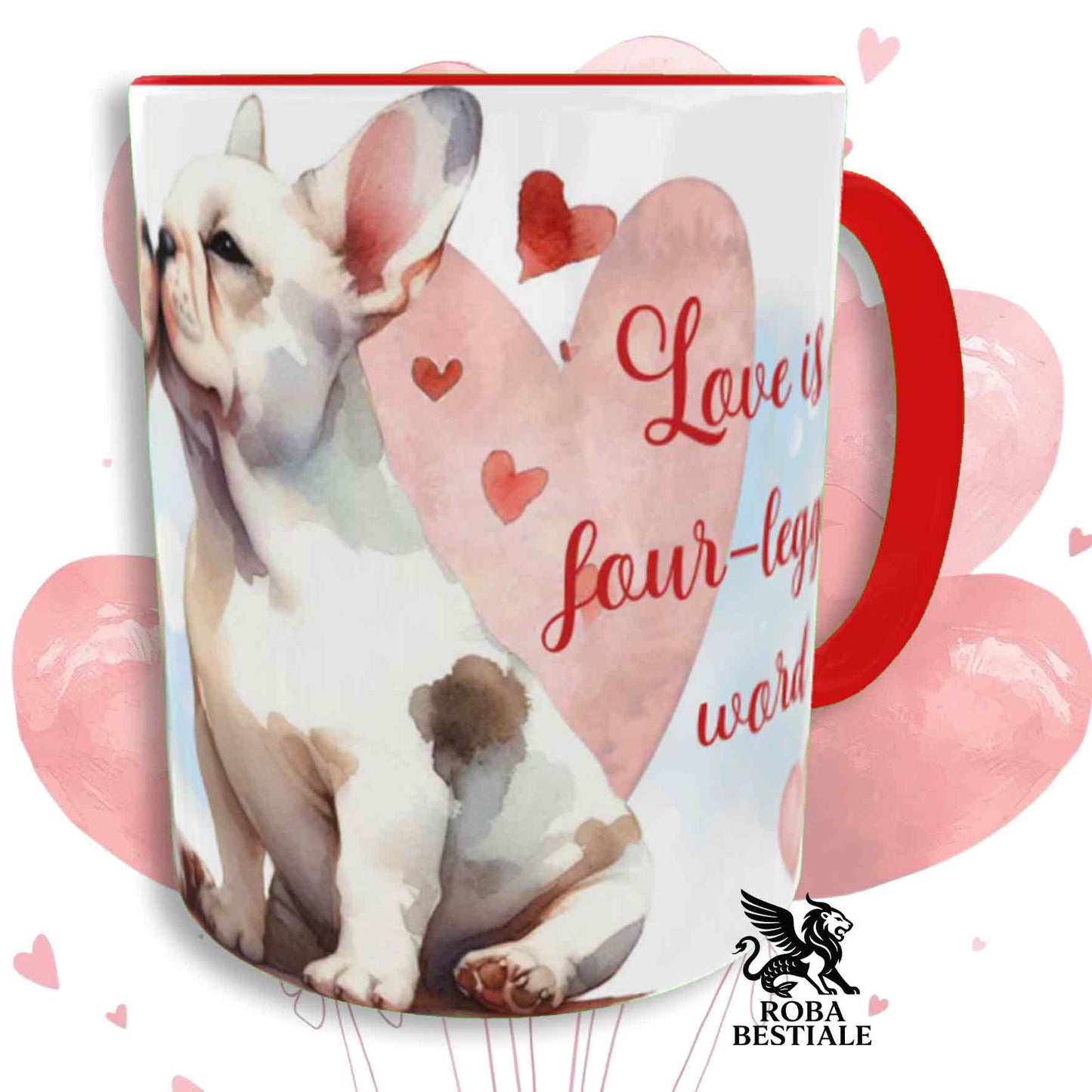 Tazza LOVE ME - BOULEDOGUE FRANCAIS Bianco Fulvo - In Ceramica, con dettagli Rossi - 330 ml