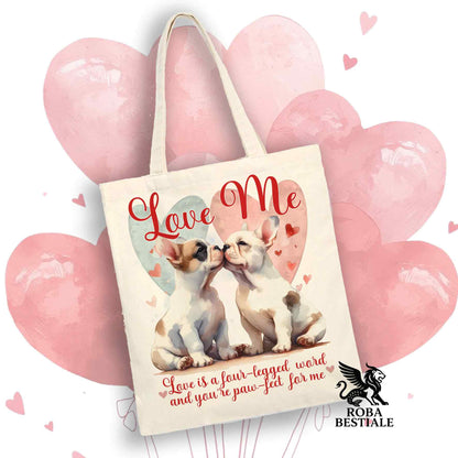 Tote Bag LOVE ME - BOULEDOGUE FRANCAIS Bianco Fulvo - 100% Cotone - Bianca o Beige