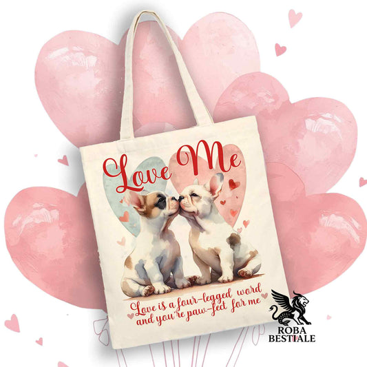 Tote Bag LOVE ME - BOULEDOGUE FRANCAIS Bianco Fulvo - 100% Cotone - Bianca o Beige