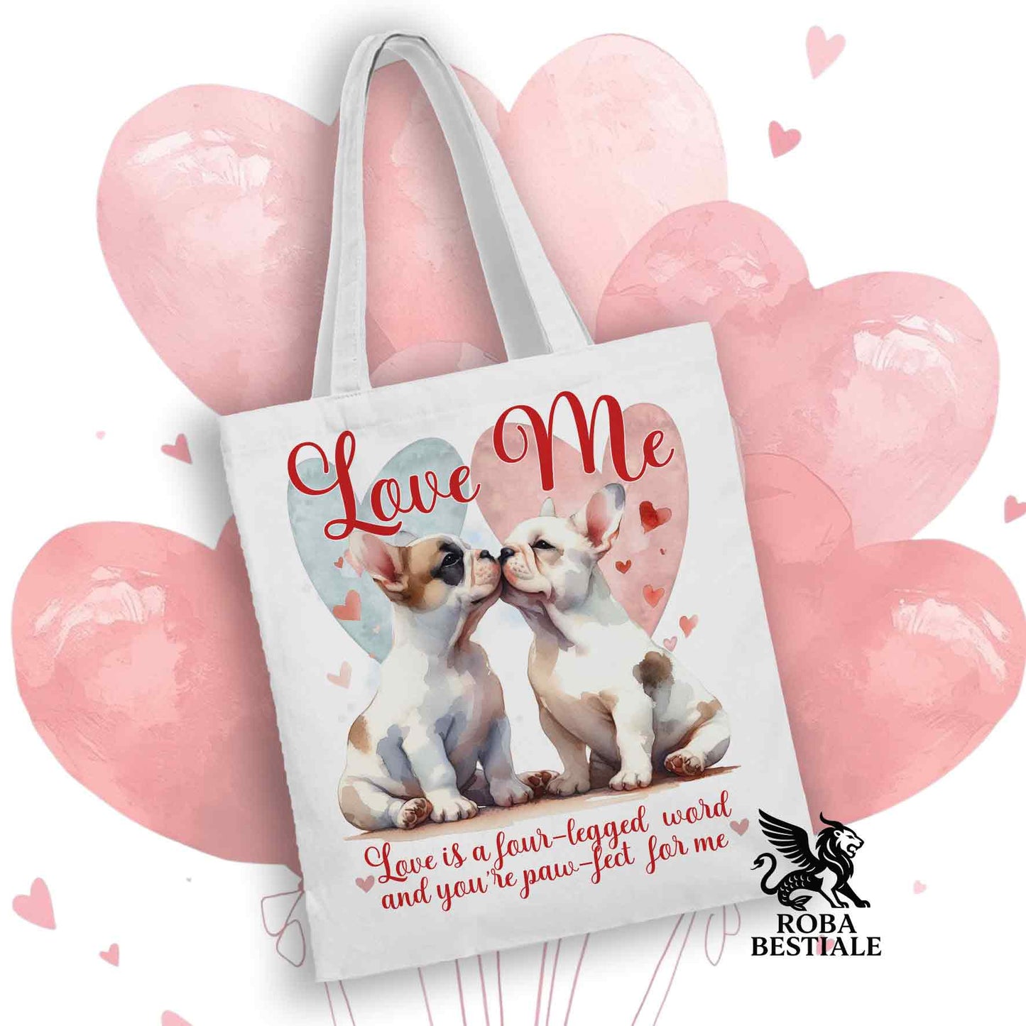 Tote Bag LOVE ME - BOULEDOGUE FRANCAIS Bianco Fulvo - 100% Cotone - Bianca o Beige