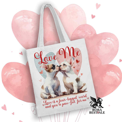 Tote Bag LOVE ME - BOULEDOGUE FRANCAIS Bianco Fulvo - 100% Cotone - Bianca o Beige