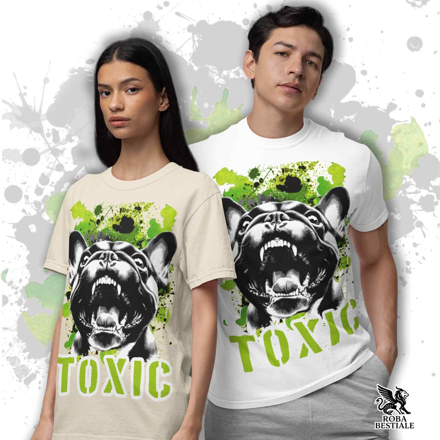 T-shirt TOXIC - Brindle FRENCH BULLDOG - White or Beige, for Men or Women - from XS to 5XL