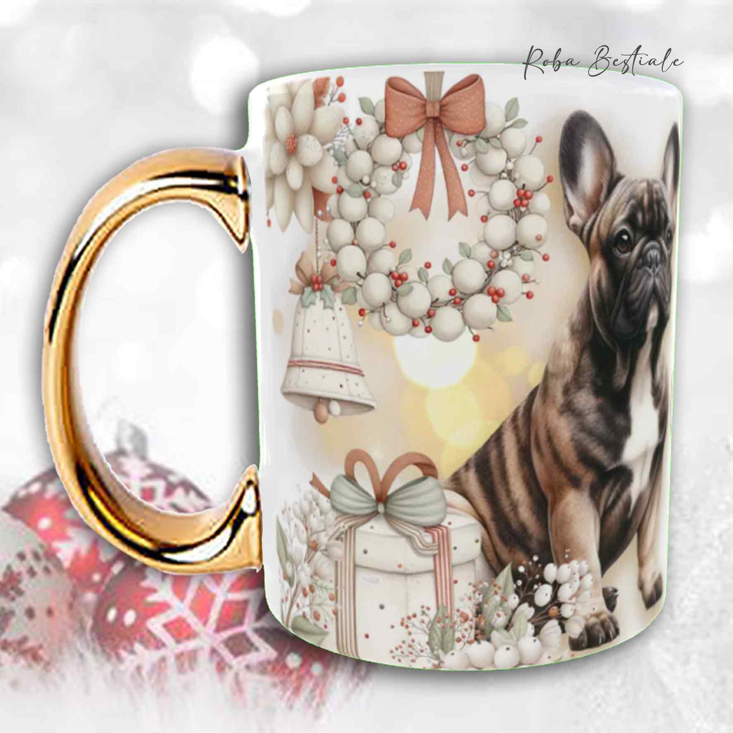 Tazza COZY WINTER - BOULEDOGUE FRANCAIS Bringé - In Ceramica, con manico color Oro - 330 ml