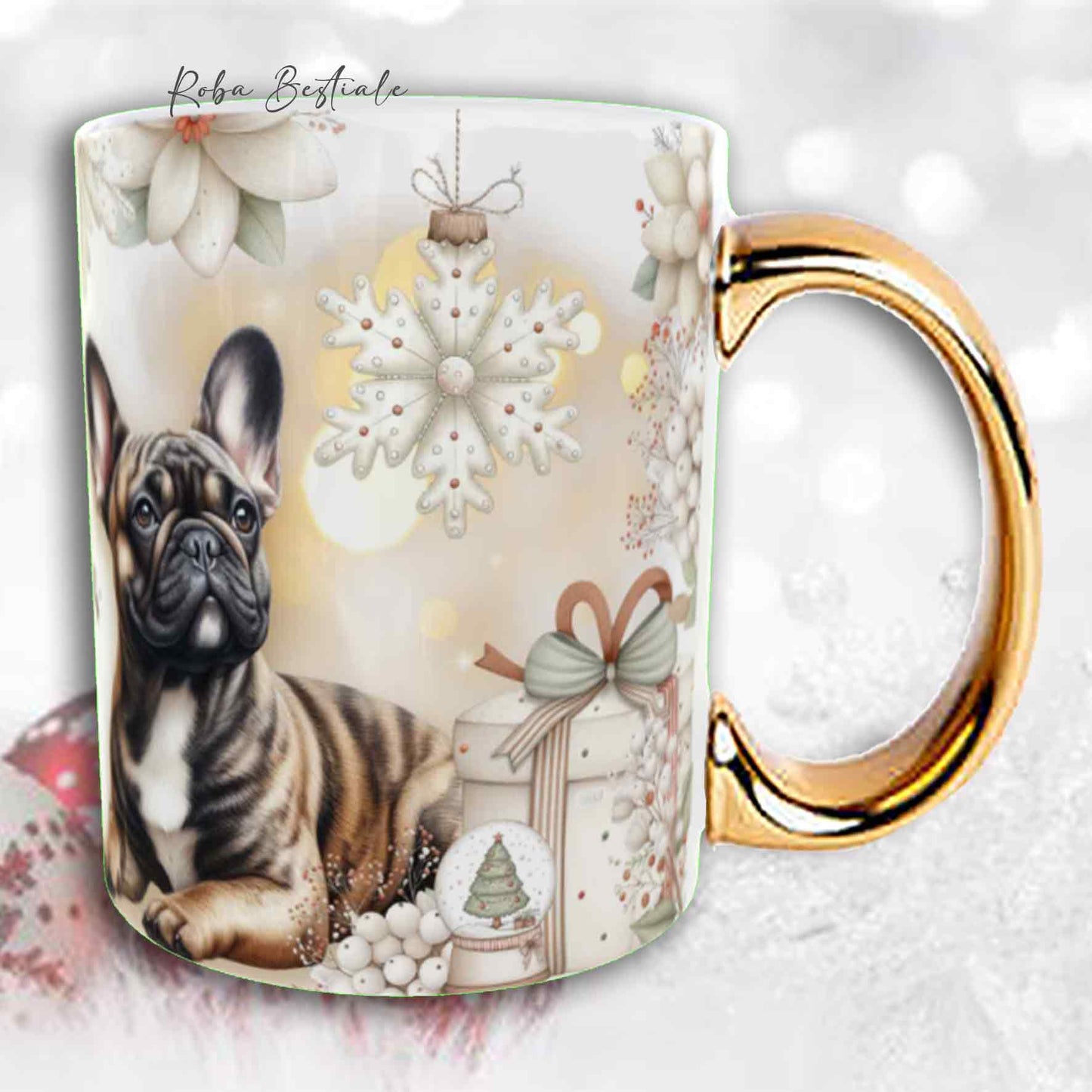 Tazza COZY WINTER - BOULEDOGUE FRANCAIS Bringé - In Ceramica, con manico color Oro - 330 ml