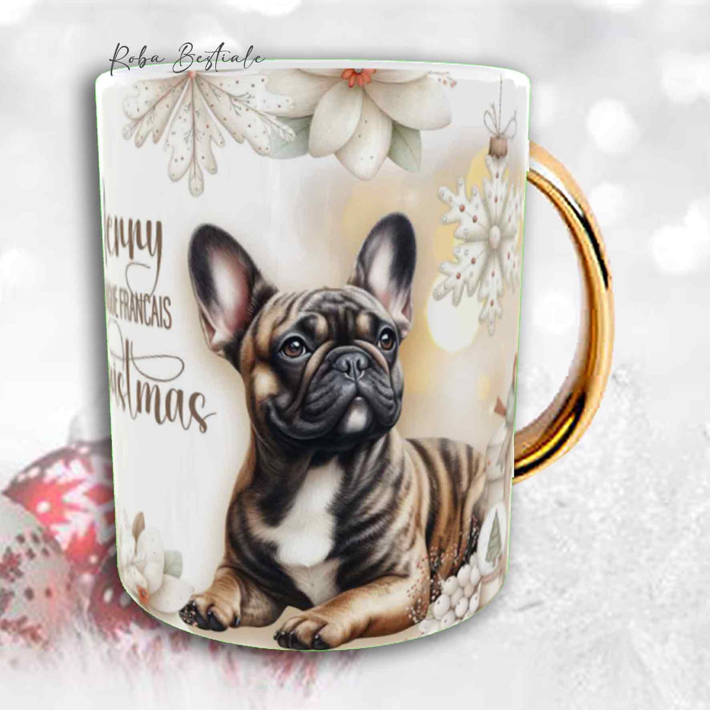 Tazza COZY WINTER - BOULEDOGUE FRANCAIS Bringé - In Ceramica, con manico color Oro - 330 ml