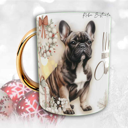 Tazza COZY WINTER - BOULEDOGUE FRANCAIS Bringé - In Ceramica, con manico color Oro - 330 ml