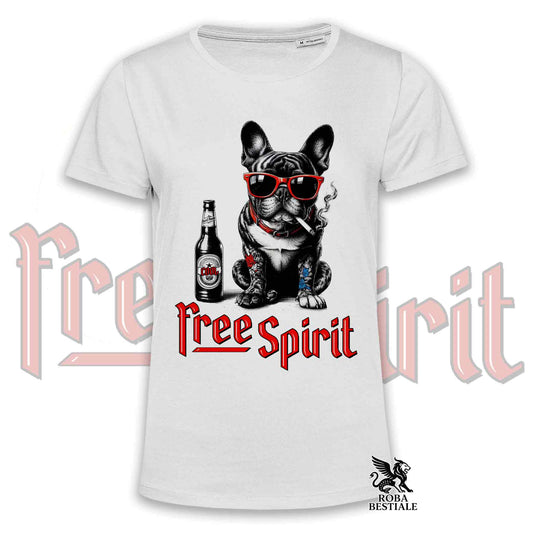 T-Shirt FREE SPIRIT - BOULEDOGUE FRANCAIS Bringé - Bianca o Beige, da Uomo o da Donna - dalla XS alla 5XL