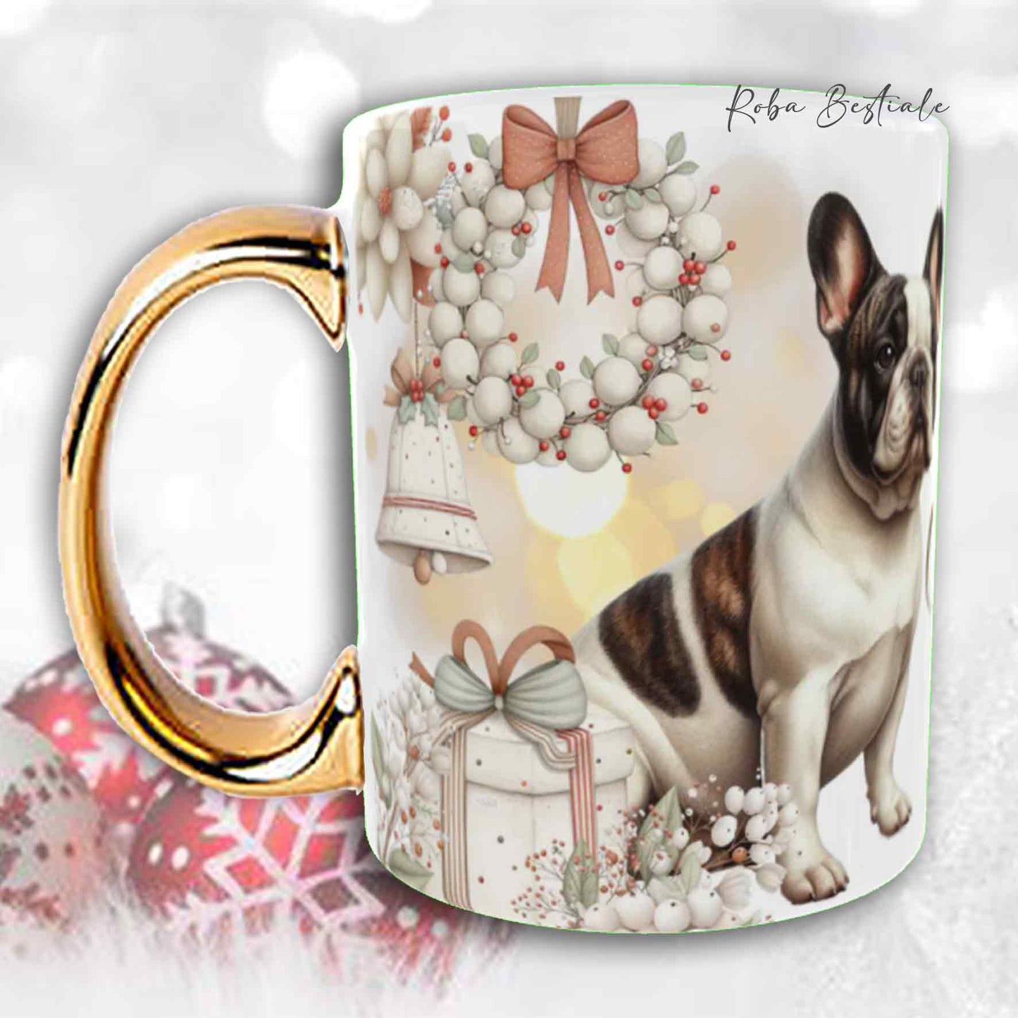 Tazza COZY WINTER - BOULEDOGUE FRANCAIS Caille - In Ceramica, con manico color Oro - 330 ml