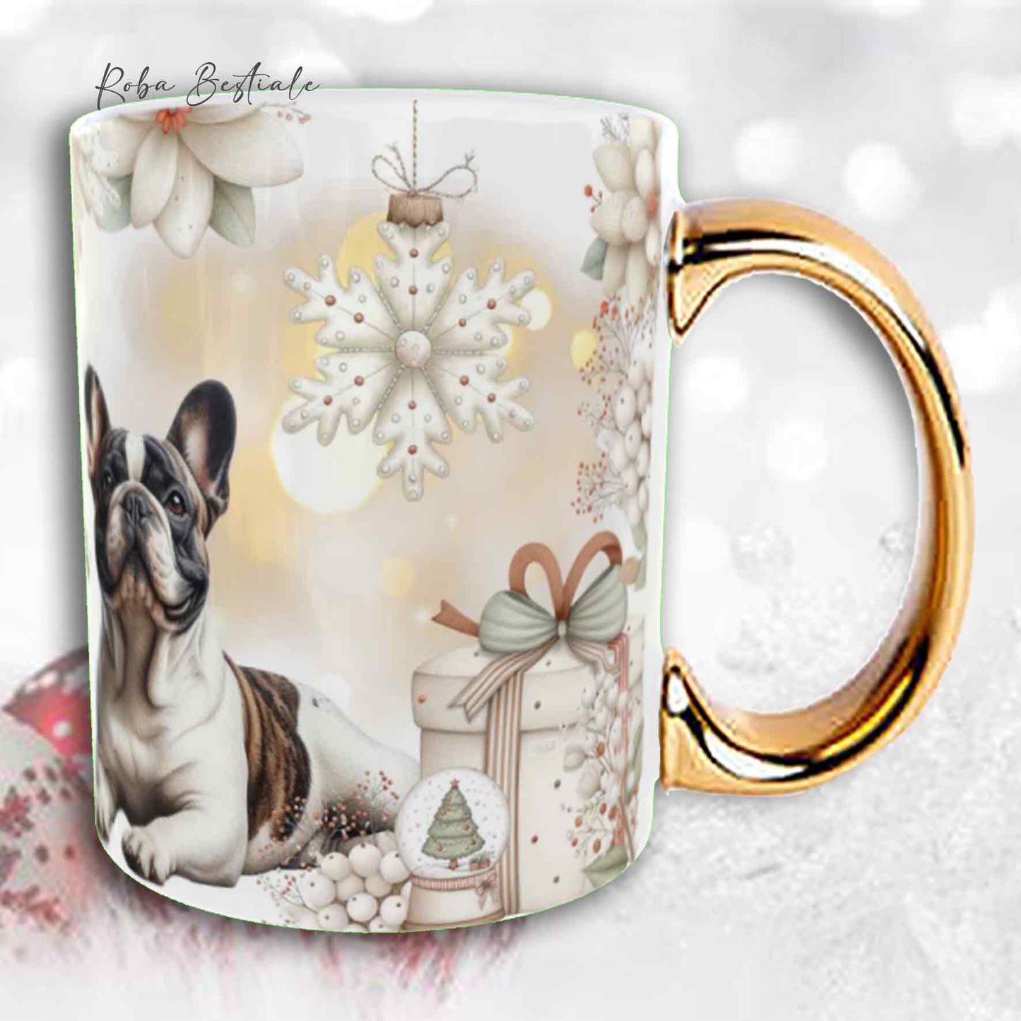 Tazza COZY WINTER - BOULEDOGUE FRANCAIS Caille - In Ceramica, con manico color Oro - 330 ml