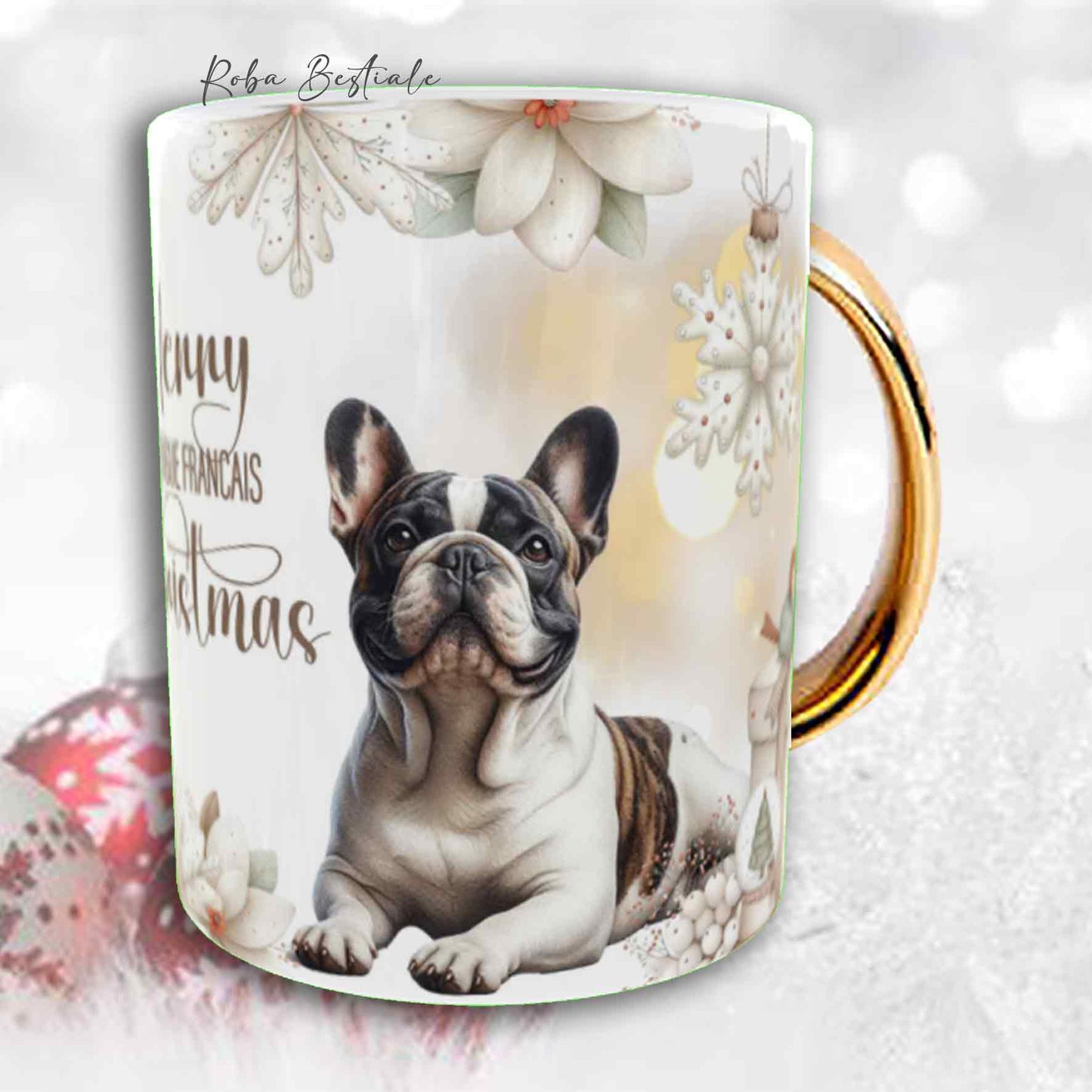Tazza COZY WINTER - BOULEDOGUE FRANCAIS Caille - In Ceramica, con manico color Oro - 330 ml
