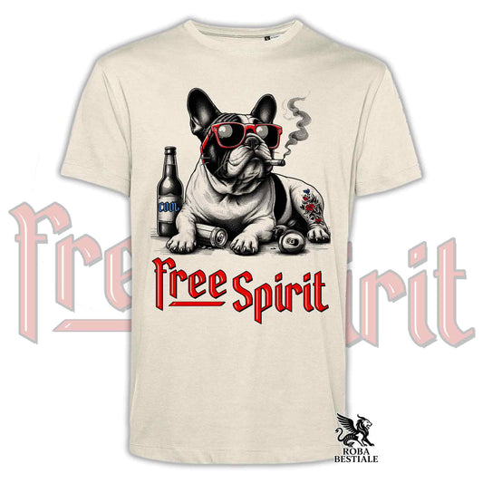 T-Shirt FREE SPIRIT - BOULEDOGUE FRANCAIS Caille - Bianca o Beige, da Uomo o da Donna - dalla XS alla 5XL