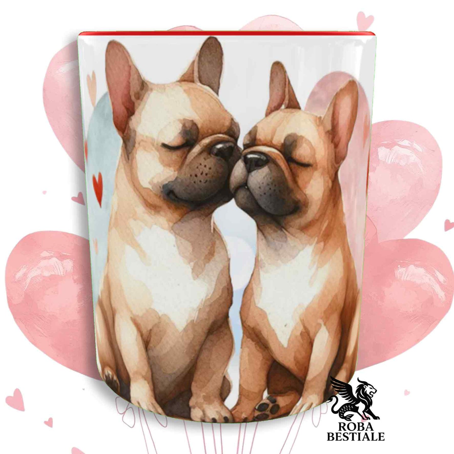 Tazza LOVE ME - BOULEDOGUE FRANCAIS Fulvo - In Ceramica, con dettagli Rossi - 330 ml