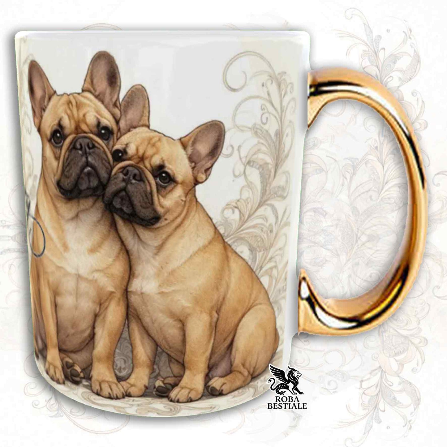 Tazza NOBILITY - BOULEDOGUE FRANCAIS Fulvo - Manico ORO - 330 ml - in Ceramica