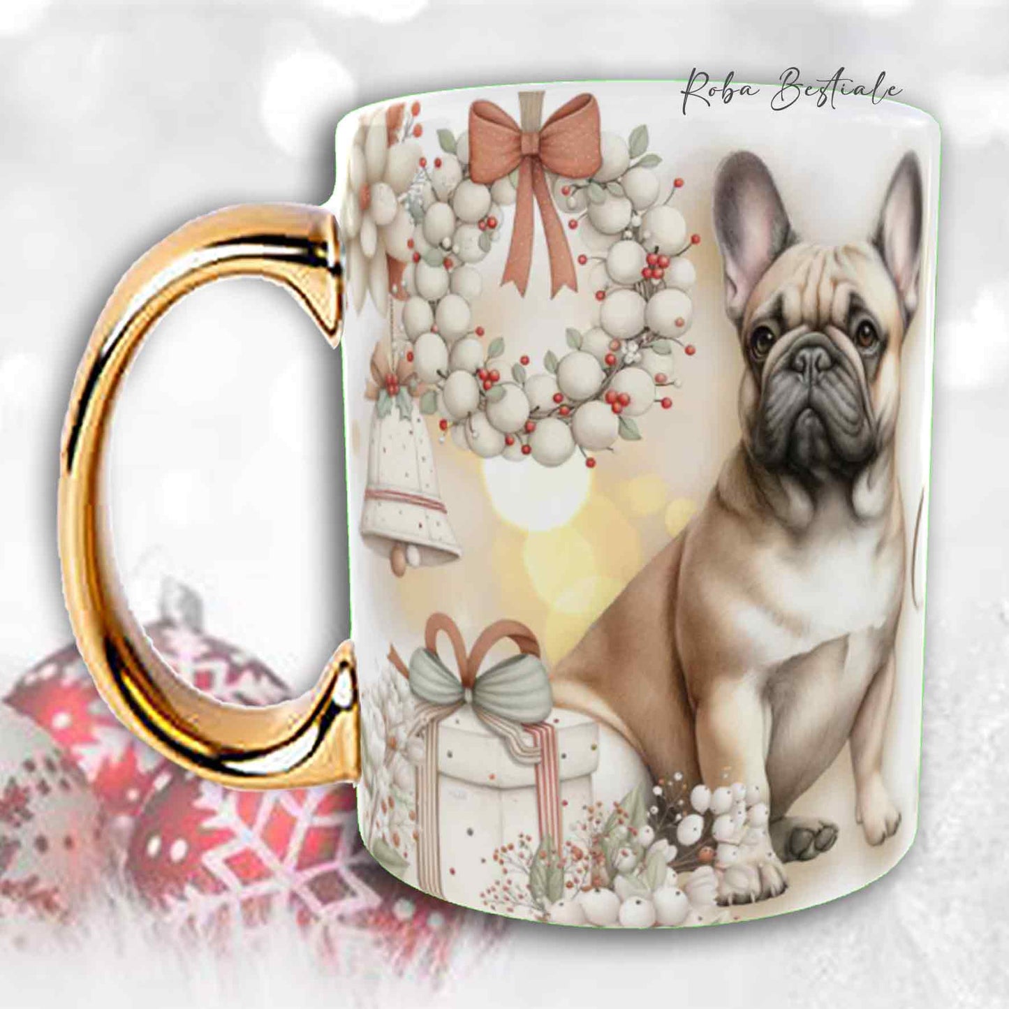 Tazza COZY WINTER - BOULEDOGUE FRANCAIS  Fulvo - In Ceramica, con manico color Oro - 330 ml
