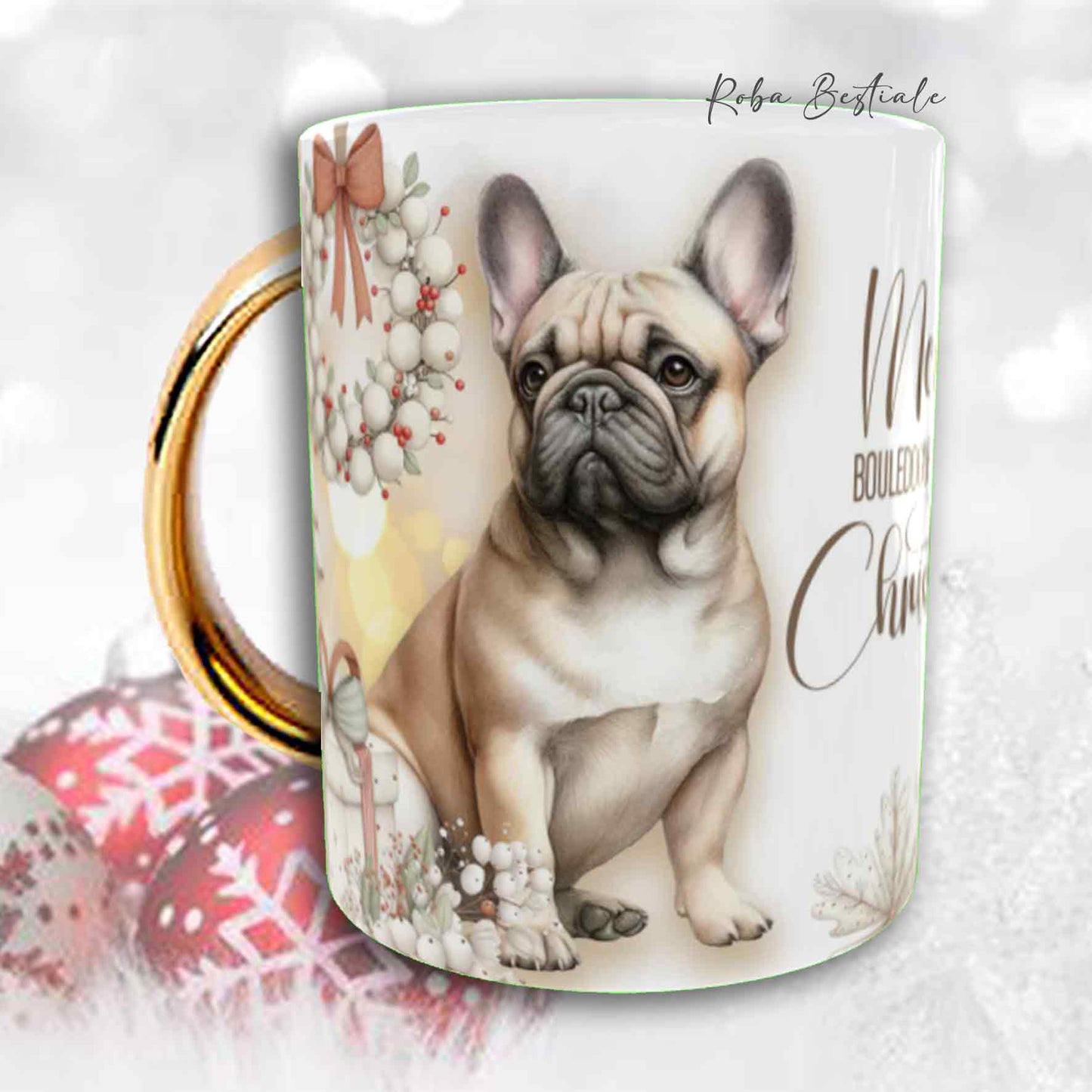 Tazza COZY WINTER - BOULEDOGUE FRANCAIS  Fulvo - In Ceramica, con manico color Oro - 330 ml