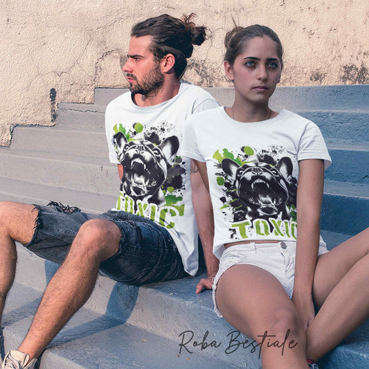 T-shirt TOXIC - BOULEDOGUE FRANCAIS Bringé - Bianca, da Uomo o da Donna - dalla XS alla 5XL