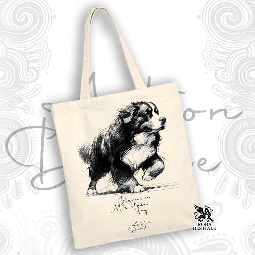 Tote Bag ACTION DOODLE - BOVARO DEL BERNESE - 100% Cotone - Bianca o Beige