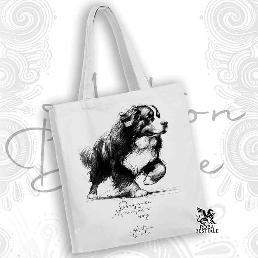 Tote Bag ACTION DOODLE - BOVARO DEL BERNESE - 100% Cotone - Bianca o Beige