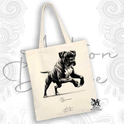 Tote Bag ACTION DOODLE - BOXER Tigrato - 100% Cotone - Bianca o Beige