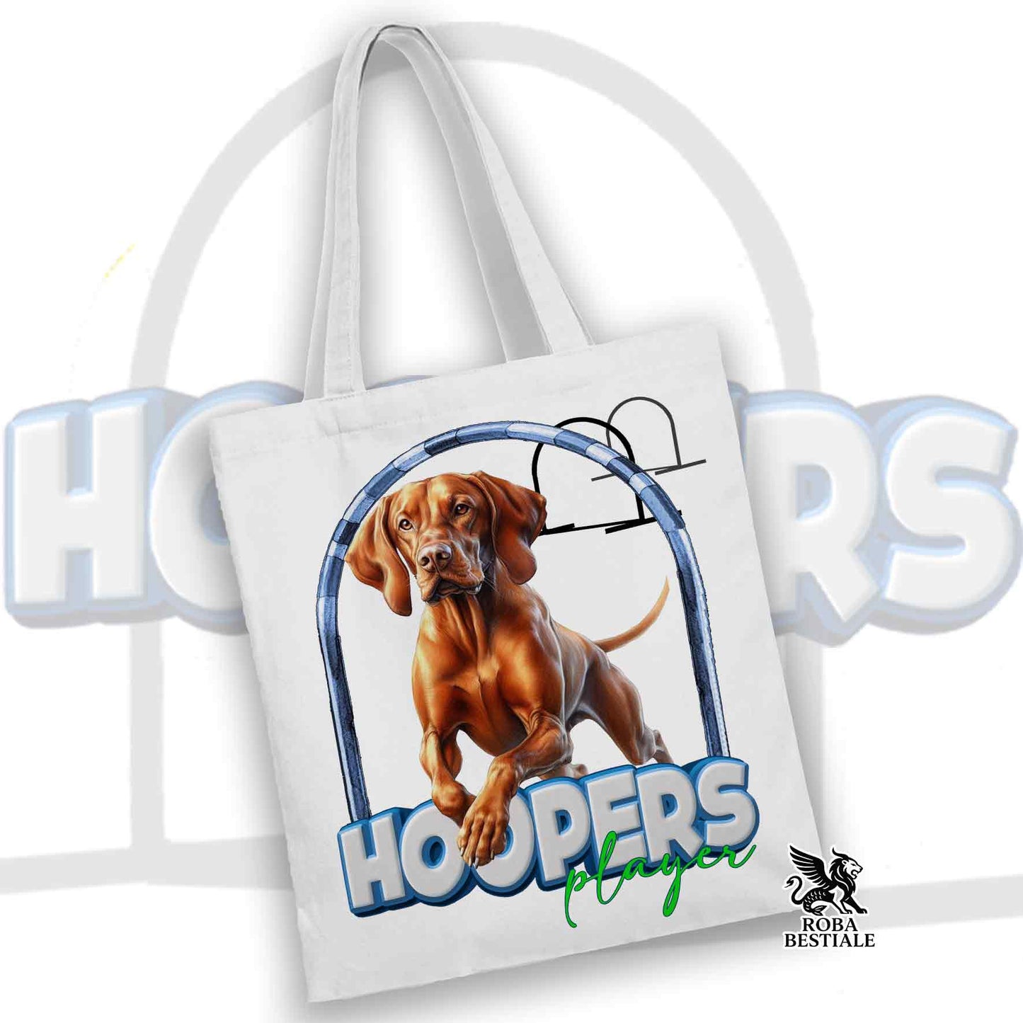 Tote Bag HOOPERS Player - BRACCO UNGHERESE a Pelo Corto - VIZSLA - 100% Cotone - Bianca o Beige
