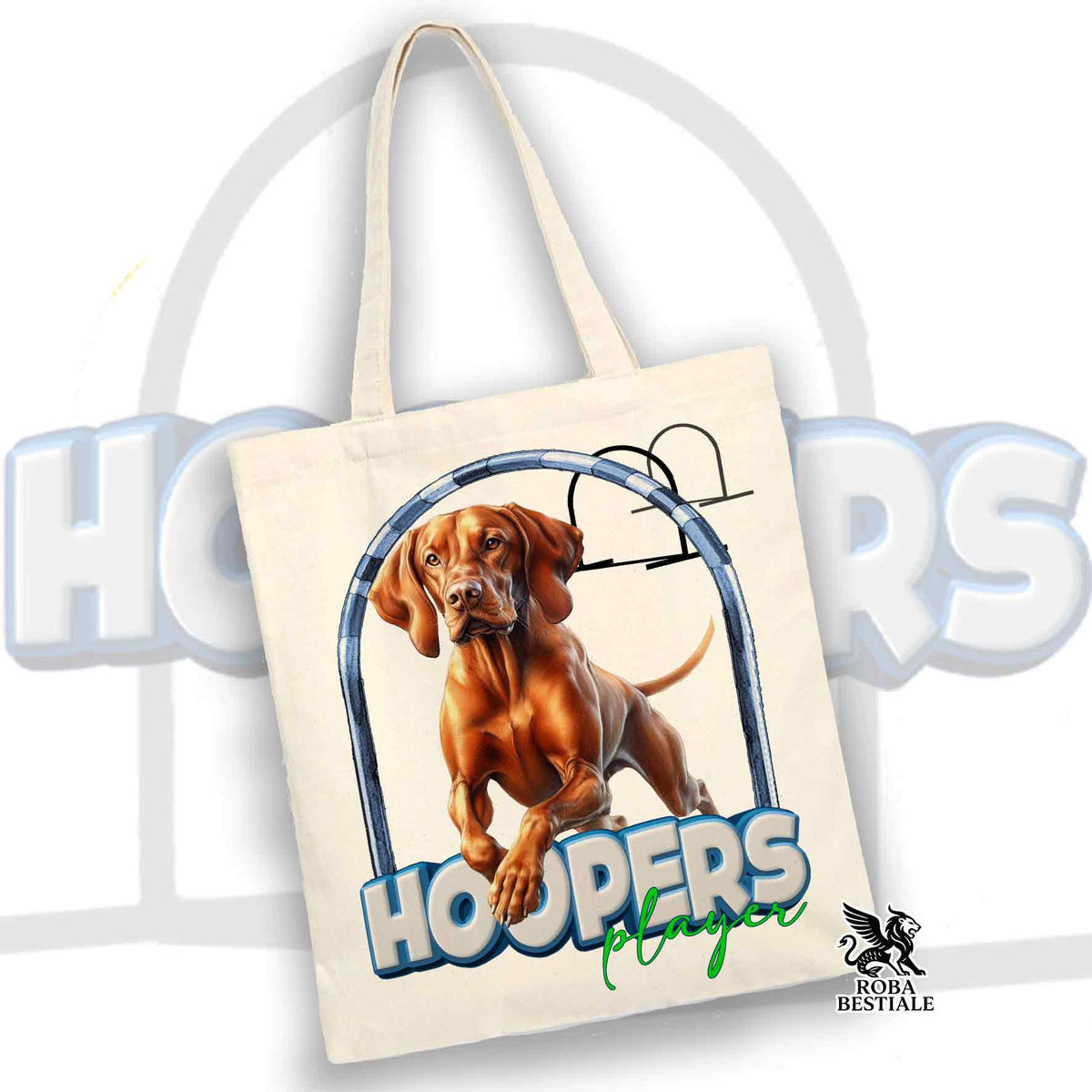 Borsa tote in cotone beige con stampa cane e scritta HOOPERS Player