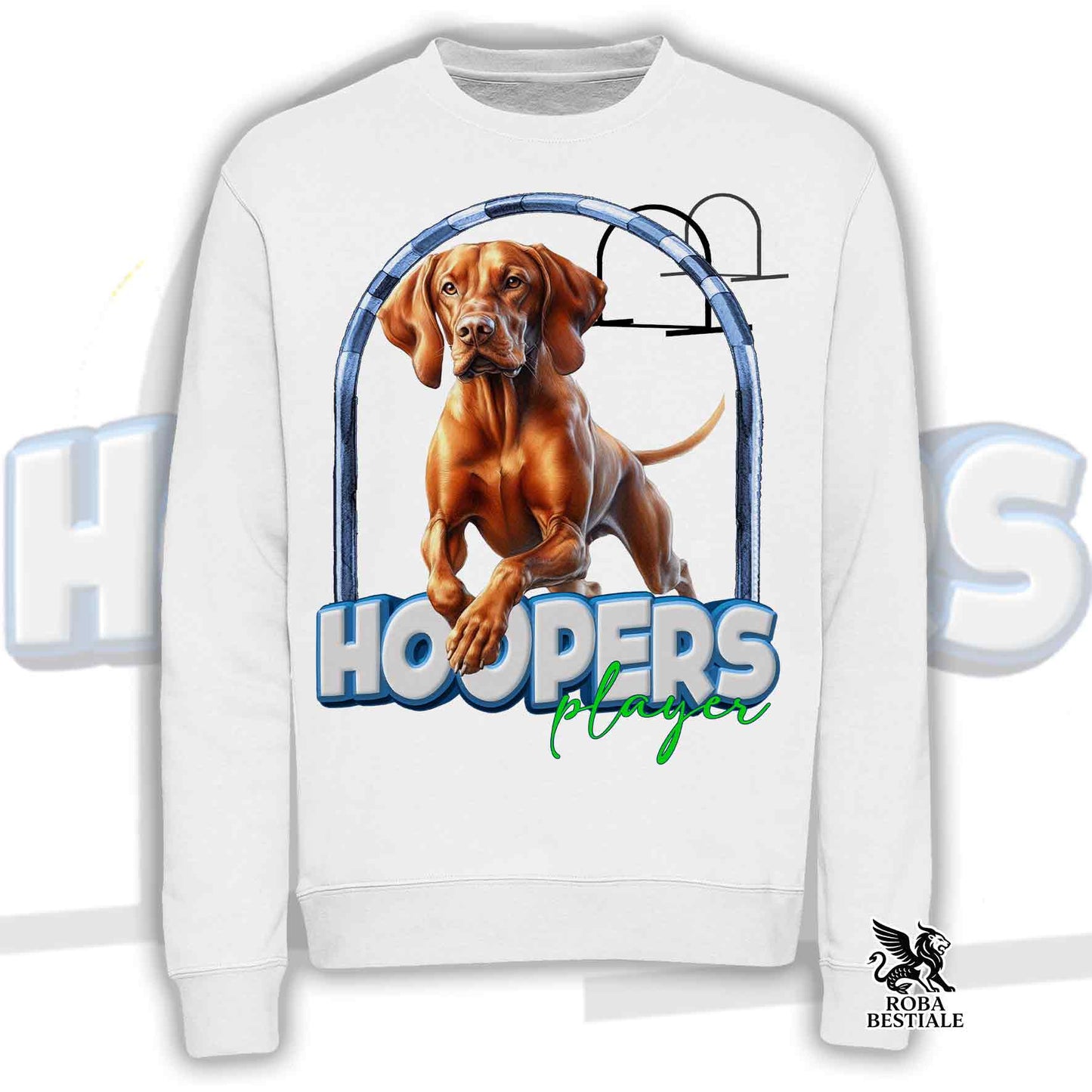 Felpa HOOPERS Player - BRACCO UNGHERESE a Pelo Corto - VIZSLA - Girocollo, Unisex - Bianca o Beige - dalla XS alla 3XL