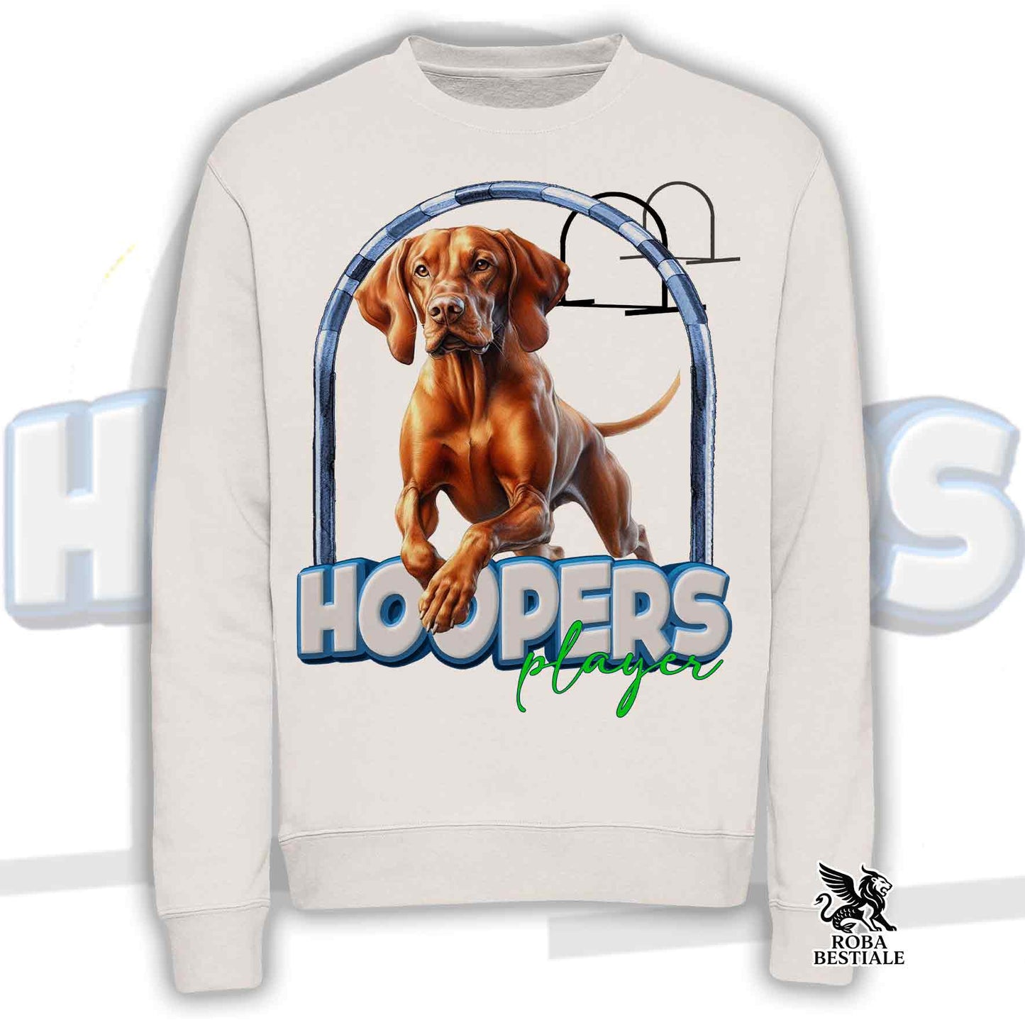 Felpa HOOPERS Player - BRACCO UNGHERESE a Pelo Corto - VIZSLA - Girocollo, Unisex - Bianca o Beige - dalla XS alla 3XL