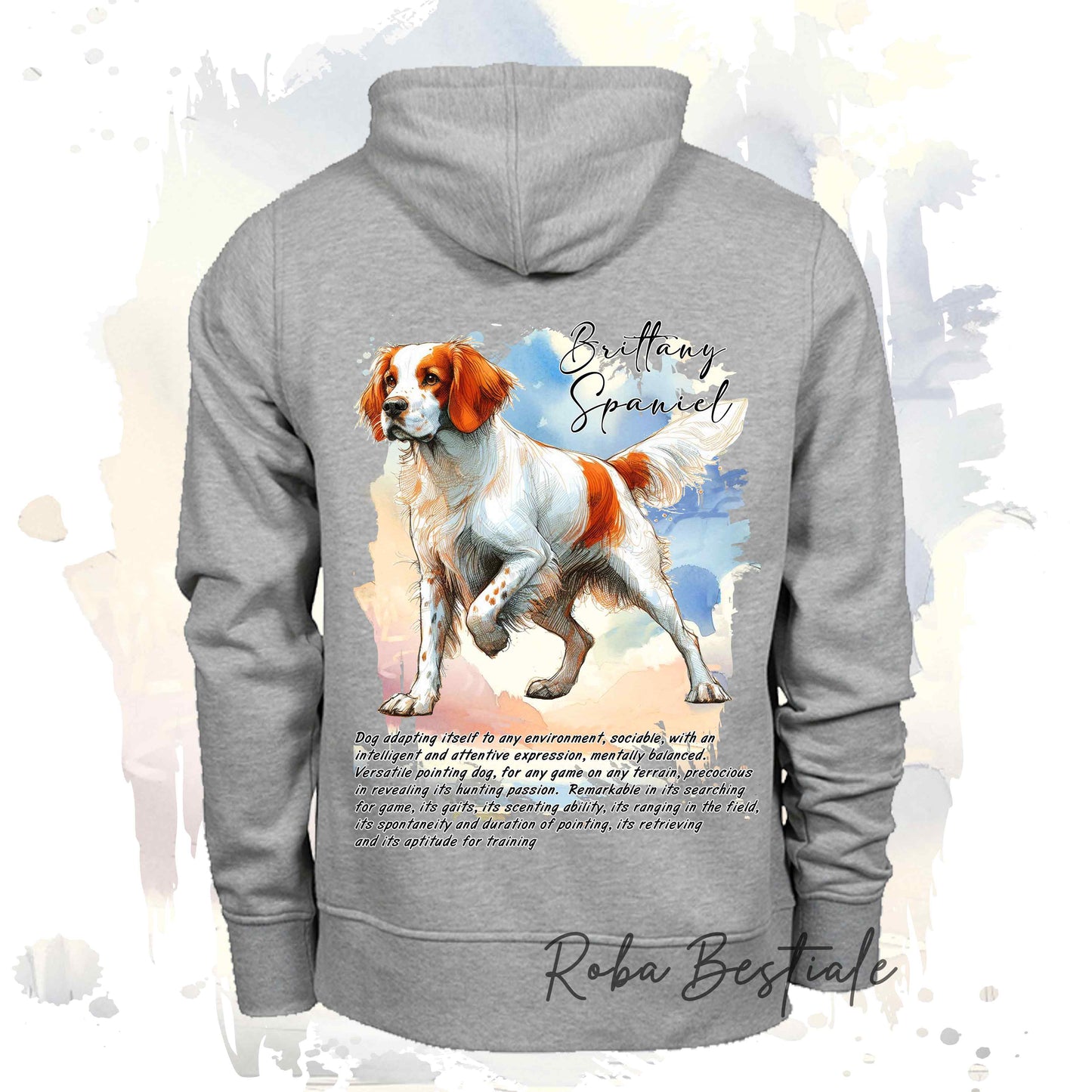 Felpa BEHAVIOR - EPAGNEUL BRETON o BRITTANY SPANIEL Bianco Arancio - Standard FCI - Unisex - Grigia - dalla XS alla 3XL