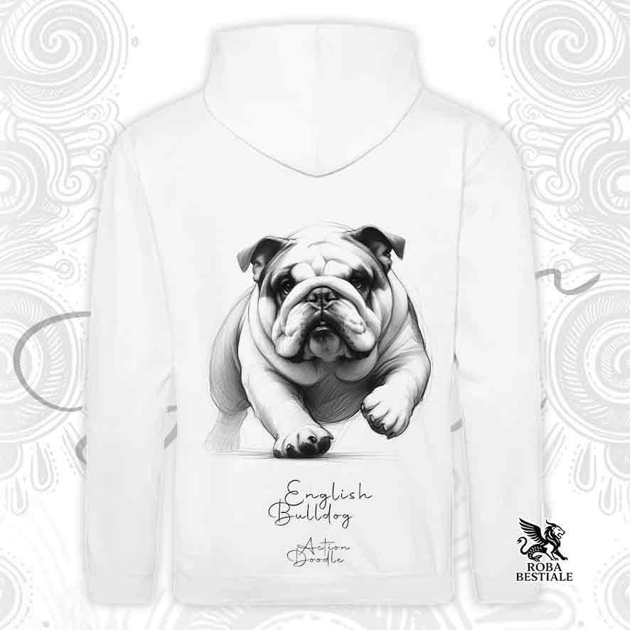 Felpa ACTION DOODLE - BULLDOG INGLESE - Con Cappuccio e Tasconi, diversi colori, Unisex - dalla XS alla 3XL